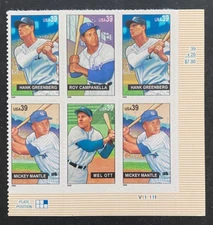 US Stamps, Scott #4080-83 2006 Baseball Sluggers plate block of 6 XF/S Mint