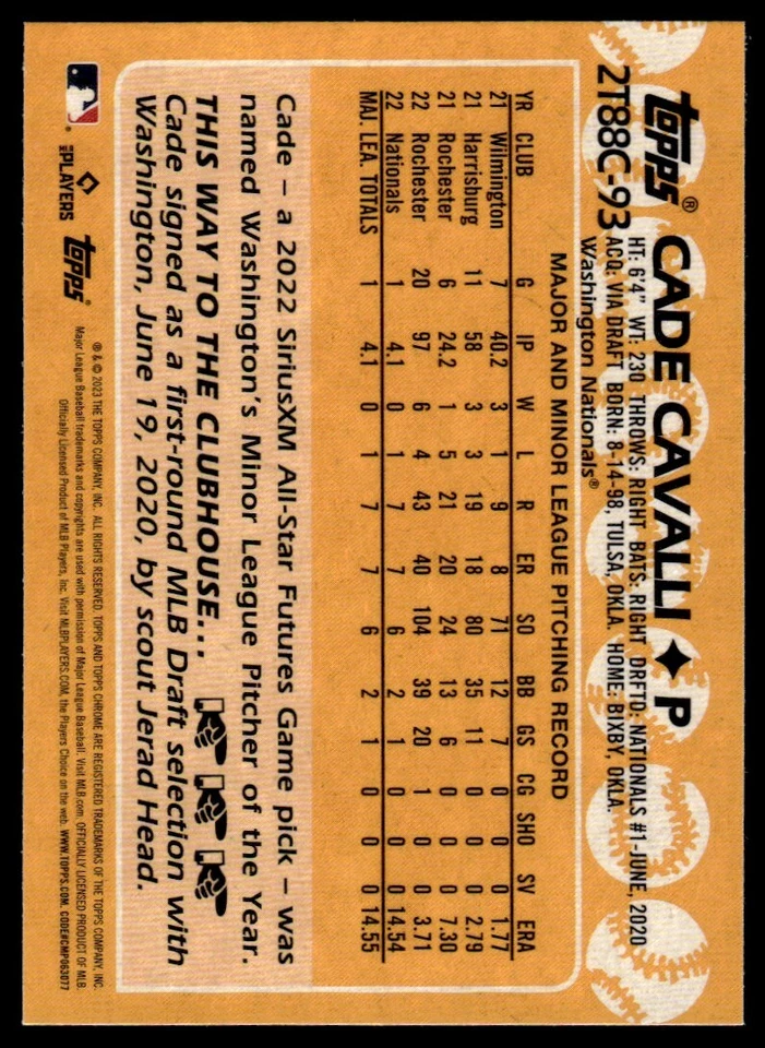 2023 Topps Series 2 1988 Baseball Chrome Silv CADE CAVALLI R78 - Image 2 of 2