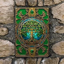 Celtic Tree of Life Metal Wall Sign 8x12 Inch Irish Decor, Green and Gold 8x12
