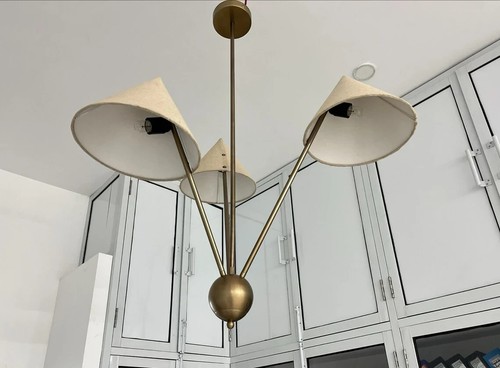 Lampadario Sputnik tessuto 3 paralumi ottone grezzo moderno metà secolo lampa... - Foto 2 di 8