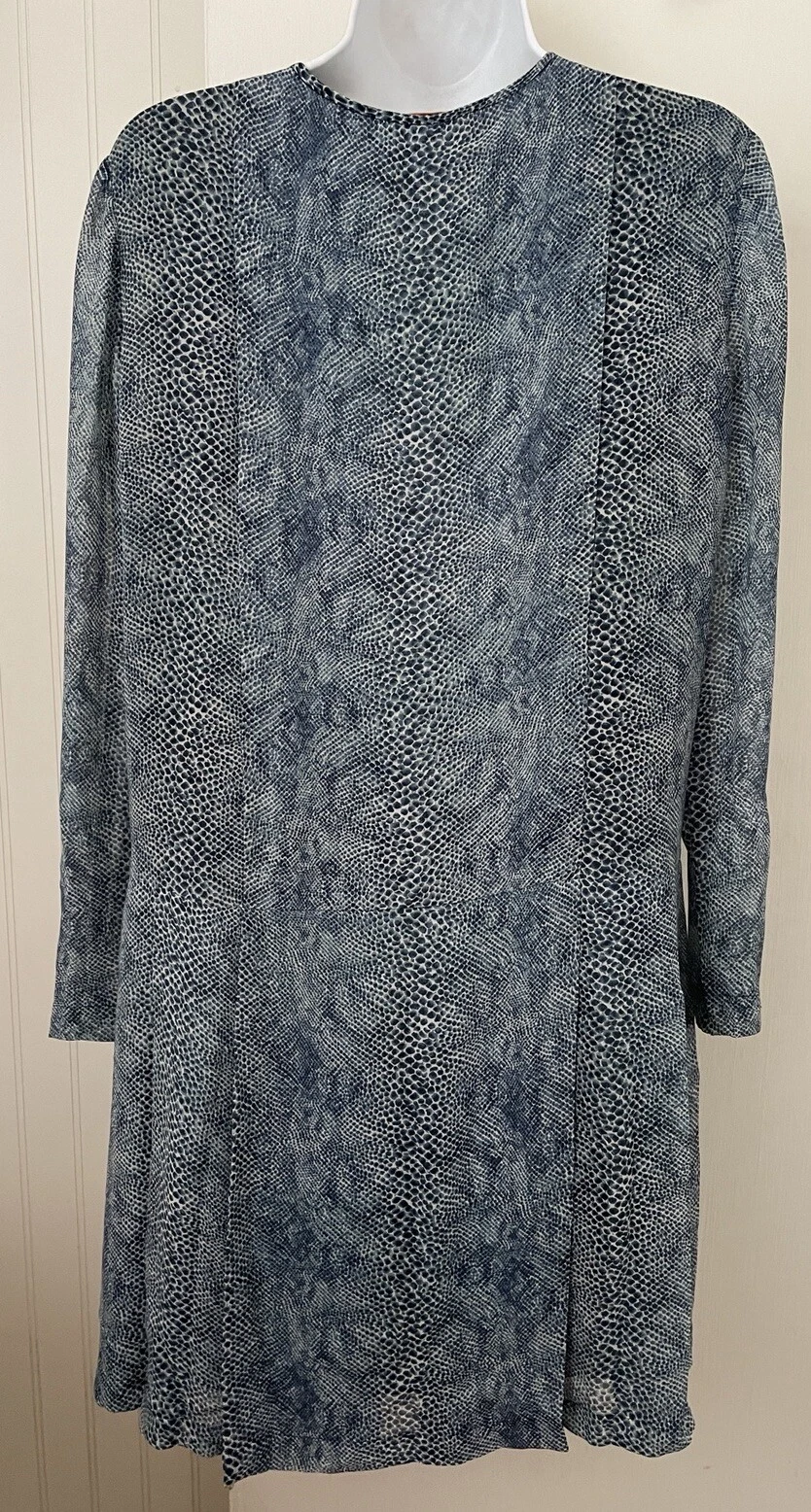 Abito a tubino blu Tory Burch taglia 6 stampa serpente foderato in seta plissettato *difetto