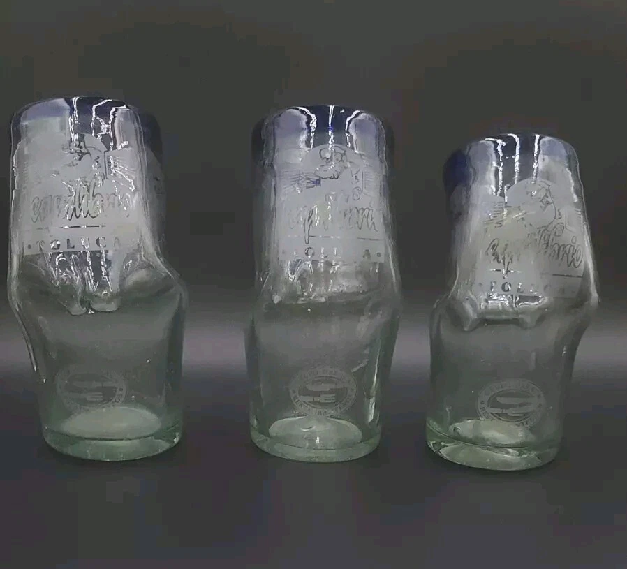 Vasos mexicanos de vidrio soplado a mano doblados borde azul cobalto de restaurante Rec. #F12 Foto 2 de 4