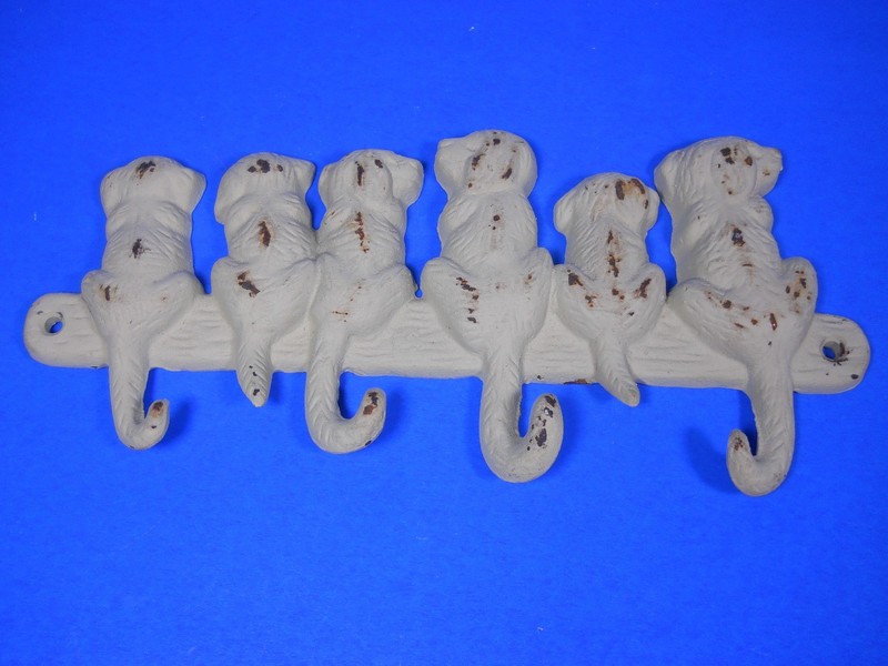 Cast Iron Dog 4 Hooks Wall Hanger Key Coat Hat Leash Distressed Metal Look Deco