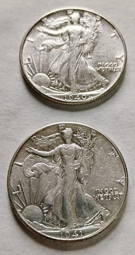 Lot of 2 1940 1941 Walking Liberty Half Dollars-90% Silver Very Fine-Ex Fine #L4