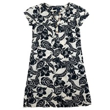 GAP Women Floral Print Linen Short Sleeve Button Front Dress black white stamp