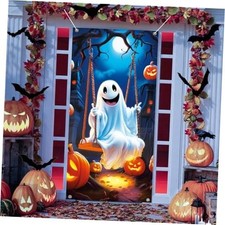 Halloween Door Cover, Cute Ghost Photography Backdrop Funny Pumpkin Moon