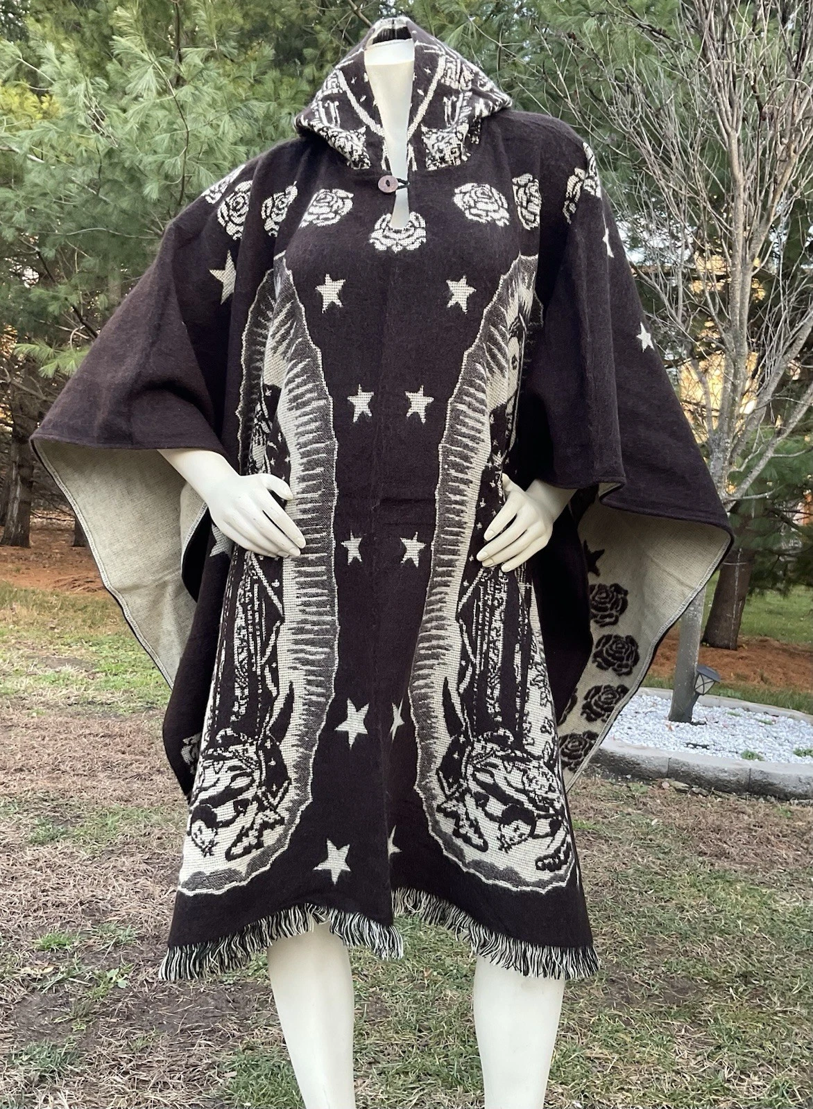 Handmade ALPACA Wool Poncho, Virgen Maria, Guadalupe, Brown, Warm & Easy To Wear