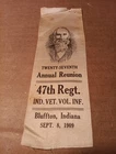Org 27th Annual Reunion 47th Regiment Indiana Vol. Bluffton Indiana 1909 Ribbon