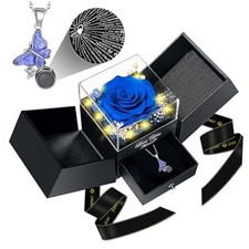 Preserved Blue Real Rose with I Love You Butterfly Necklace Sapphire Blue
