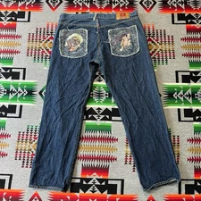RMC Red Monkey Jeans 42x31 Baggy Y2K Geisha Samurai Embroidered Denim B4
