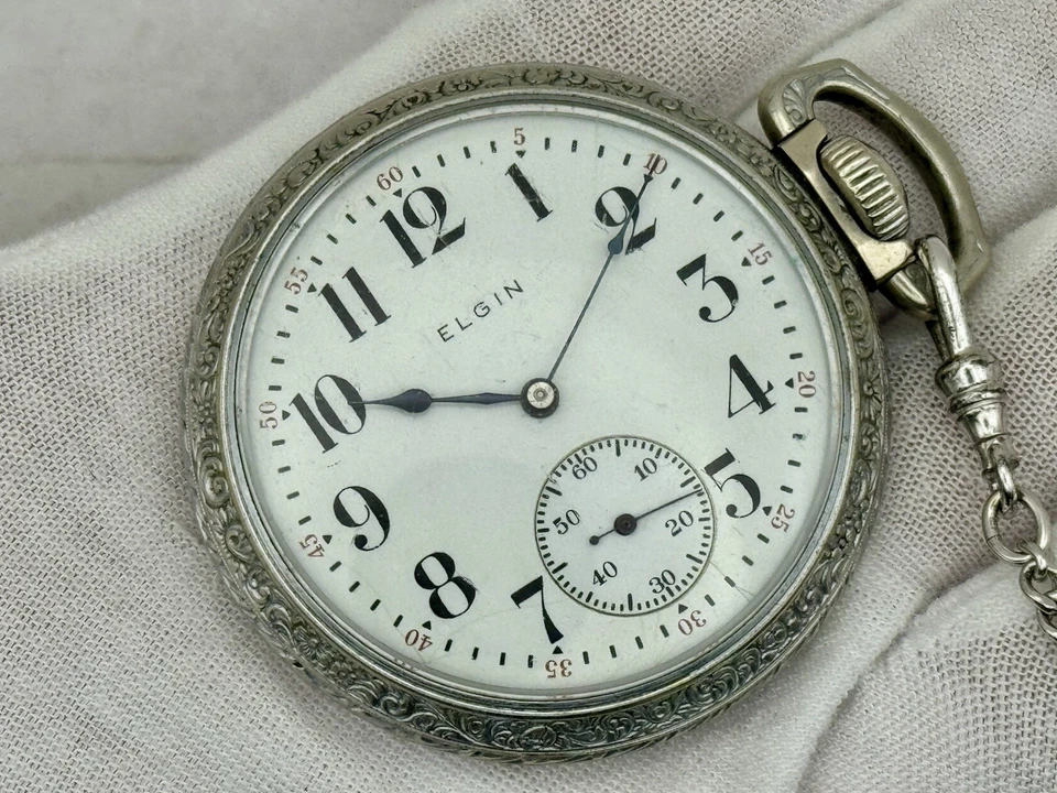 Reloj Bolsillo Elgin 16S (50mm) - Esfera Esmaltada, Caja Ornamentada, Cadena - Como Está c.1915 Foto 2 de 4