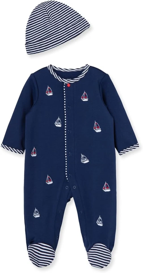 Little Me Baby Boy Clothes 2-Piece Sleeper and Cap Preemie, Sailboats  - Image 2 of 4