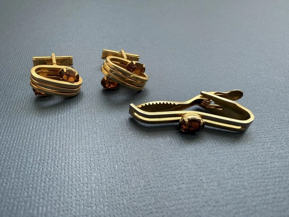 Винтажный Swank золотистый запонки и галстук застежка комплект с янтарными камнями - середины века - Изображение 2 из 4