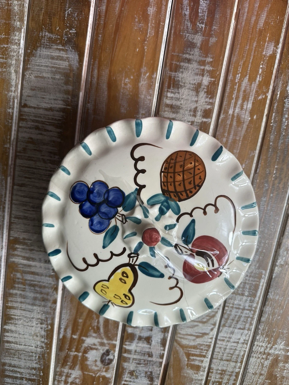 Purinton Pottery Mix Fruit Casserole Covered Dish 9" Wide Pie Crust Lid Crack