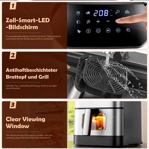 8L HeiBluftfritteuse XXL Backofen Dörrautomat GrillHeissluftfritteuse Air Fryer - Bild 5 von 13