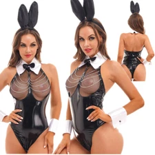 Womens Bunny Girl Club Lingerie Outfit Sexy Bodysuit PVC Leather Cosplay Costume