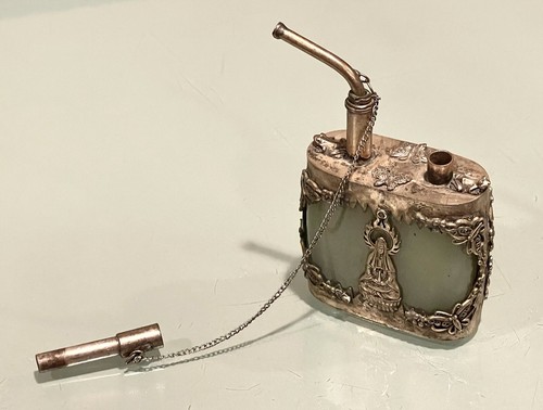Vintage Antique Chinese Tibet Green Jade Silver Decorated Smoking Device Pipe - Picture 4 of 7