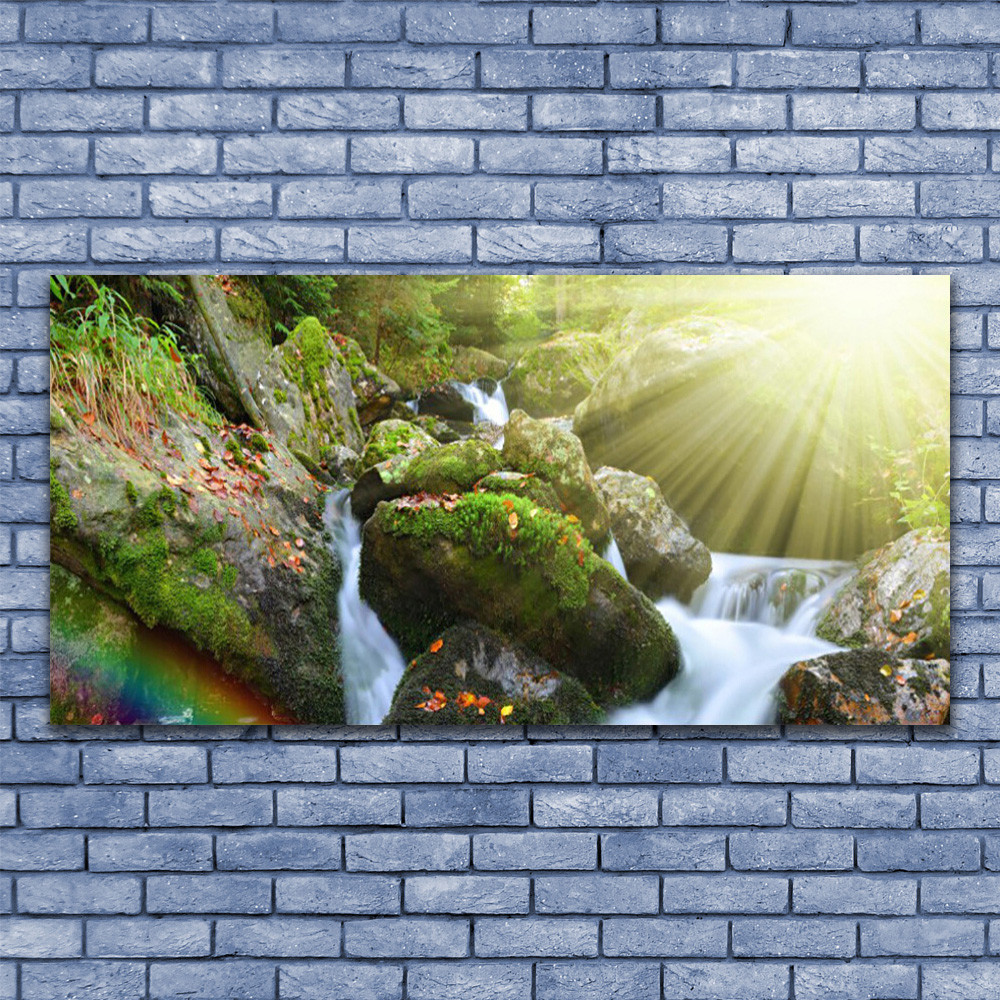Tableau impression sur verre nature cascade arc-en-ciel 140x70 décoration murale