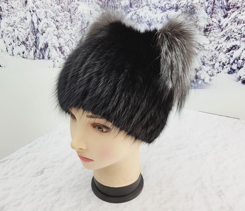 Black real fur winter Beanie Hat for women Kitty ears Snow hat