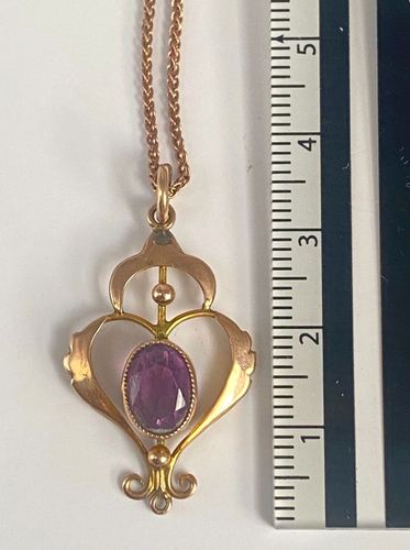 Antik um 1900 Jugendstil 9 kt Gold Amethyst Tropfen Anhänger Halskette & Kette - Bild 13 von 15