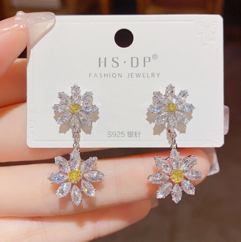 yellow flower Rhinestone Earrings Dangle diamante earrings Evening - Picture 2 of 12