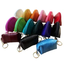 Genuine Eel Skin Leather Zippered Small Coin Purse with Key Ring Mini Wallet