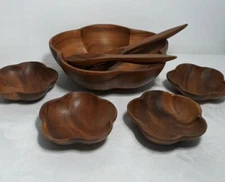 VTG 60's MCM Hand Crafted Monkey Pod Large Wood Salad Bowl Set With Utensils And