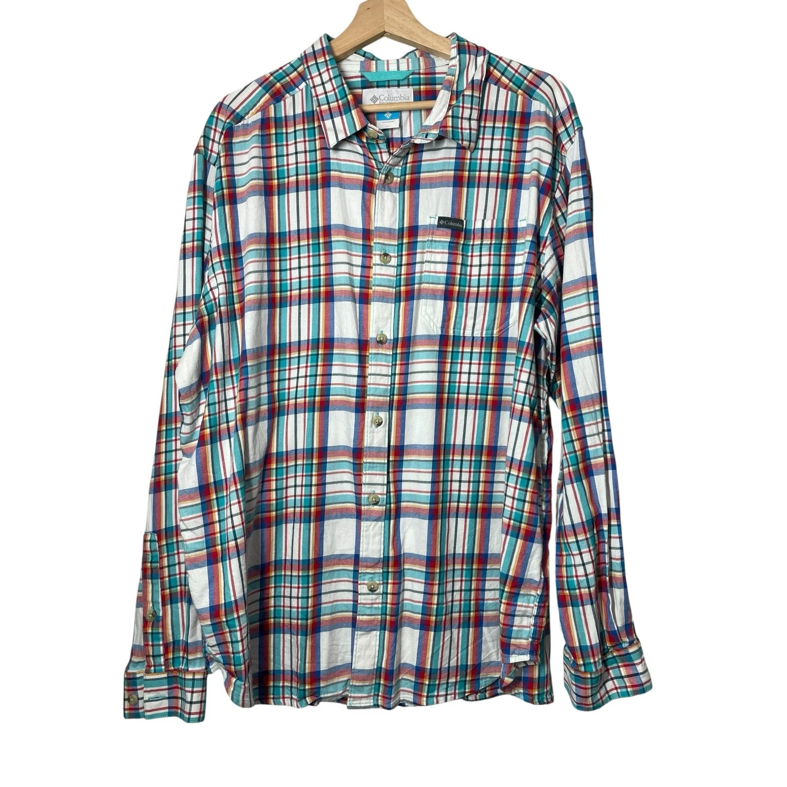 Columbia Button Down Shirt Vapor Ridge Hiking Outdoor Blue Green Long Sleeve XL