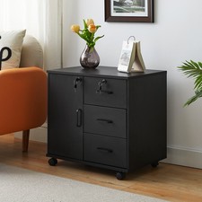 Black Office Filing Cabinet Mobile Printer Stand File Storage Drawers Wheels