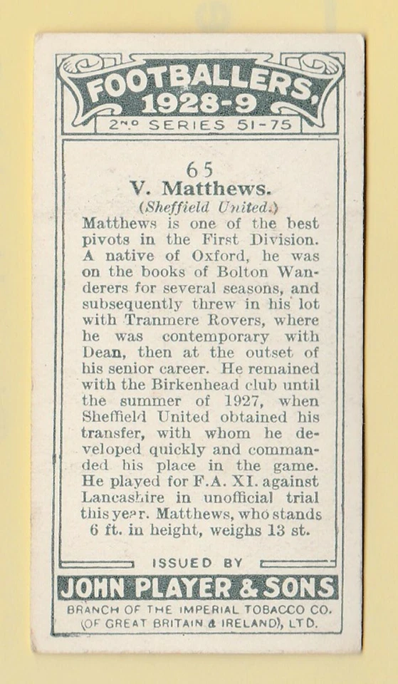 Football John Players Association Footballers 1928-29 #65 V. Matthews Sheff Utd - Image 2 of 2