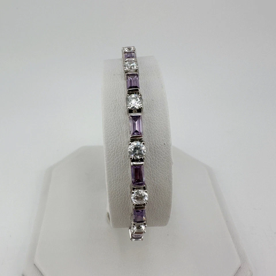 "Pulsera de tenis chapada en rodio 925 FAS 6,75"" con baguettes de vidrio púrpura blanco RBC Foto 2 de 4