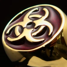 ROUND MENS GAMER BRASS RING TOXIC BIOHAZARD RING, WARNING SYMBOL RED SIZE 15