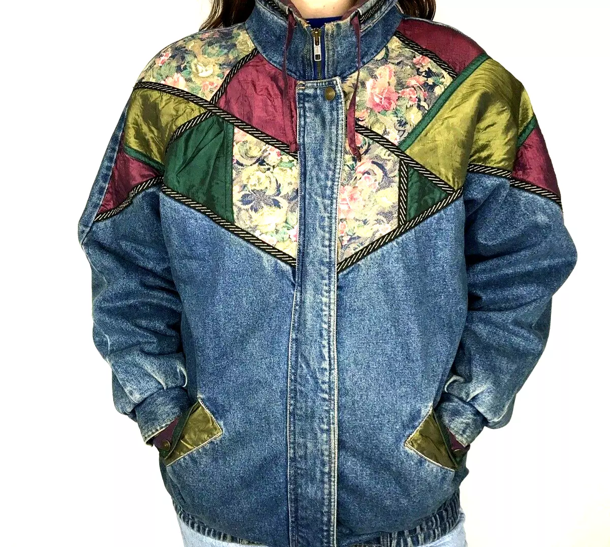 Vintage 80s Denim Quilted Patchwork Jacket M Medium Grandmacore Oversized Cute