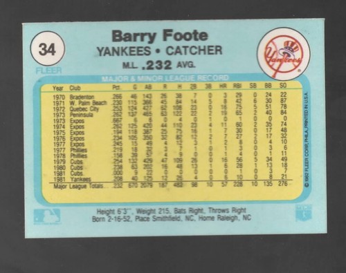 1982 Fleer Barry Foote New York Yankees #34 Near Mint or Better - Picture 2 of 2