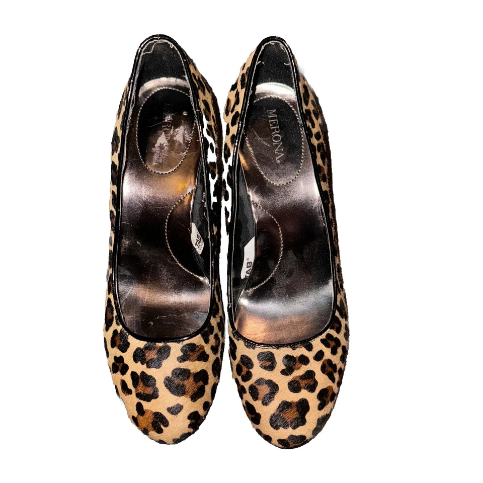 Zapatos de salón Merona de tacón grueso con estampado de leopardo animal pelo de vaca punta redonda para mujer talla 9” Foto 2 de 4