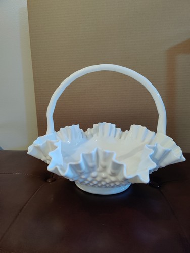 FENTON MILK GLASS CRIMPED RUFFLED HOBNAIL BASKET With Handle - Picture 3 of 14