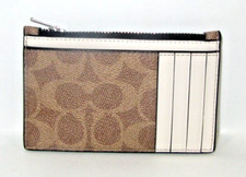 Coach New CV764 Zip Card Case Tan Leather Khaki Signature NWT 98