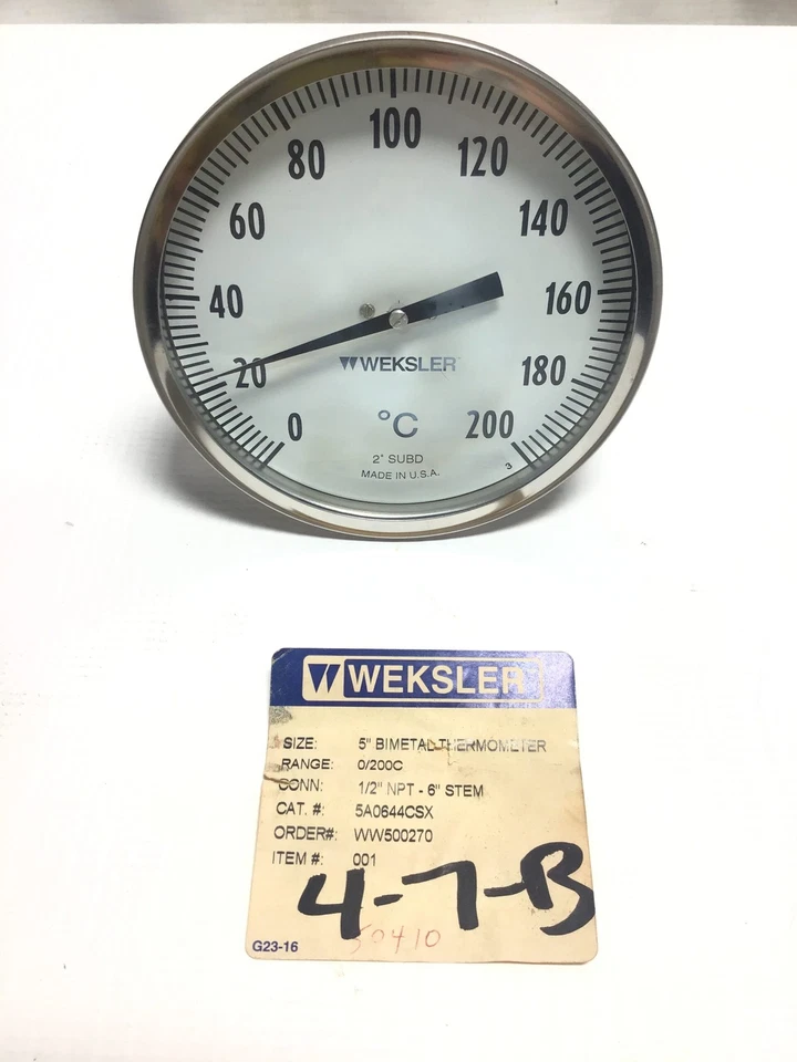 Weksler 5A0644CSX Thermometer 1/2" NPT 6" STEM 5" Face Bimetal 0-200°C Range - Image 2 of 4