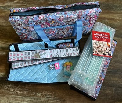 ZGME American Mahjong Set 166 White Tiles Racks W/Pushers Lt Blue Paisley Bag