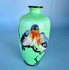 Antique Japanese Ginbari Cloisonne Meiji Period 4.5" Green Vase Signed!