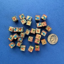 Vintage Miniature Wooden Alphabet Blocks Letters Birds 30 pc Primitive Dollhouse