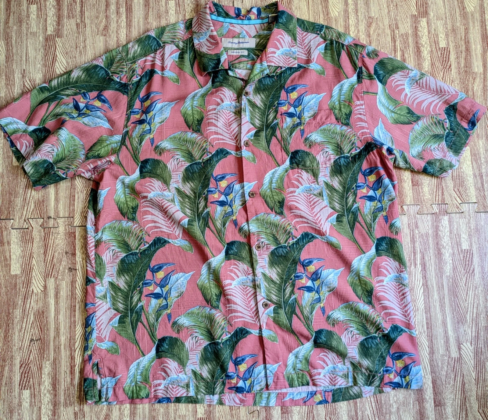 Tommy Bahama 100% Silk Salmon Coral Hawaiian Aloha Tropical Print XL
