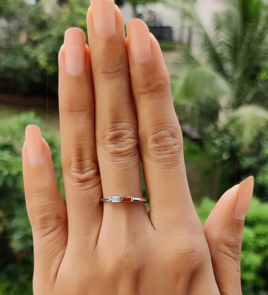 Anillo Baguette Citrino Y Aguamarina Plata Esterlina 925 Piedra Natal Fabricación Astro Foto 2 de 4