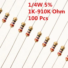 100Pcs 1/4W 0.25W Carbon Film Resistor ±5% 1K -910K Ω Ohm 1 K - 910 K