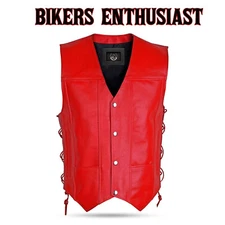 Motorcycle Red Vest Genuine Cowhide Leather Biker Vest Concealed Carry Side Lace