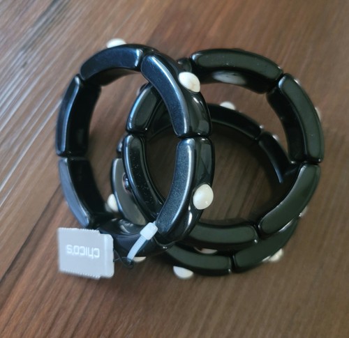 NWT CHICO'S WOMEN'S TORT BANGLE STRETCH BRACELETS SET OF 3 BLACK AND MULTI - Picture 3 of 5