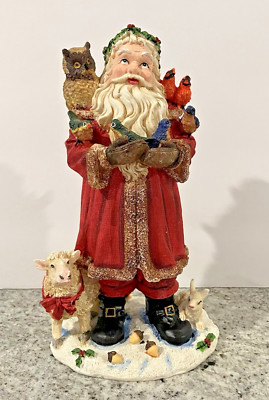 Vintage Resin Santa with Birds, Sheep, Owl & Rabbit Figure Colorful Christmas 8''