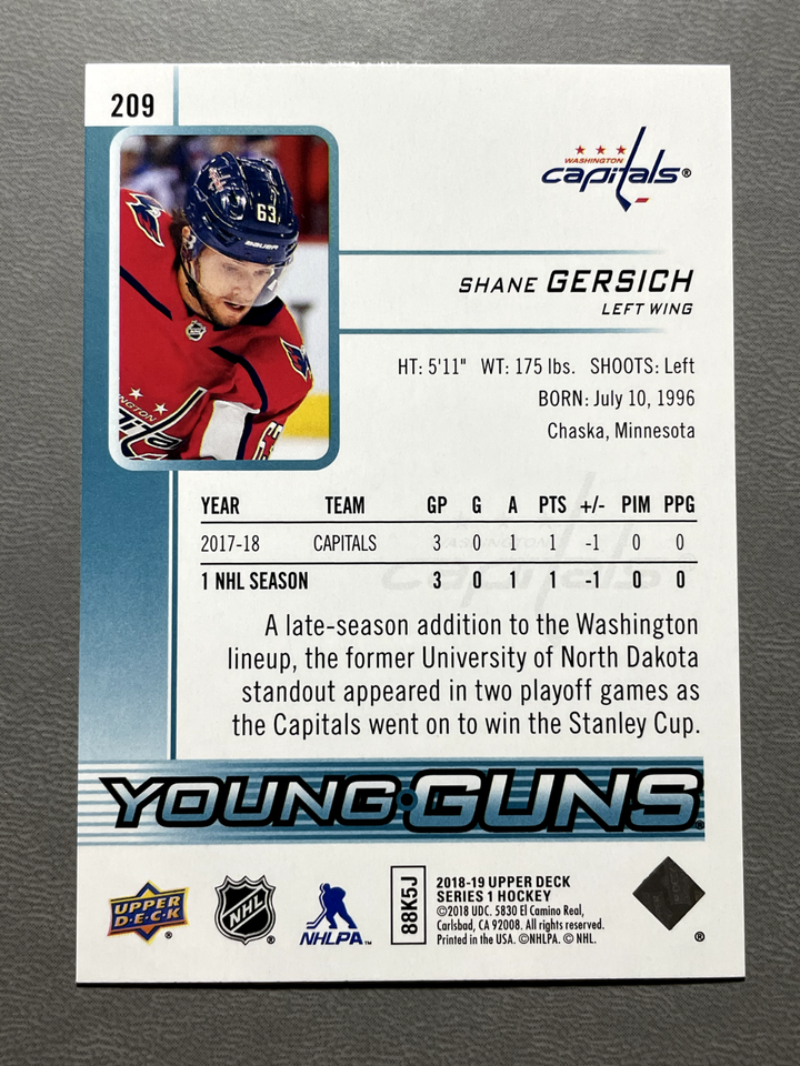 201819 Upper Deck Shane Gersich Washington Capitals Young Guns RC