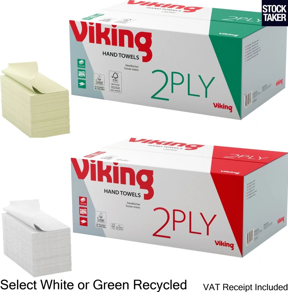 15 Sleeves 250 Sheets Viking Paper Hand Towel V-fold 2 Ply Green & White