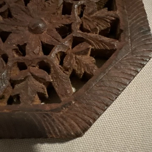 Vintage Octagon-Shape  Carved Wooden Trivet, 5” India image 5